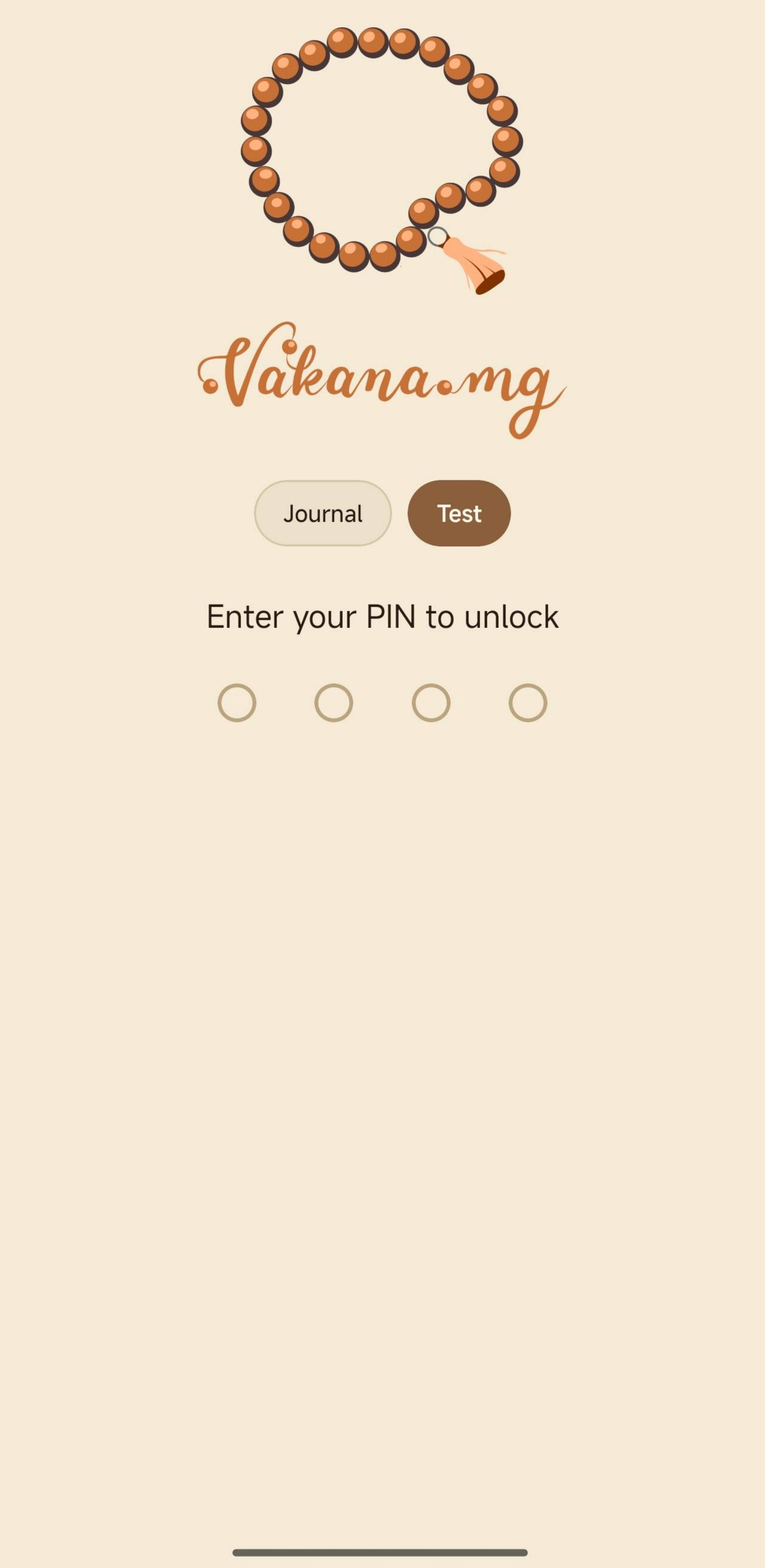 The Vakana.mg app lock screen with the mala logo